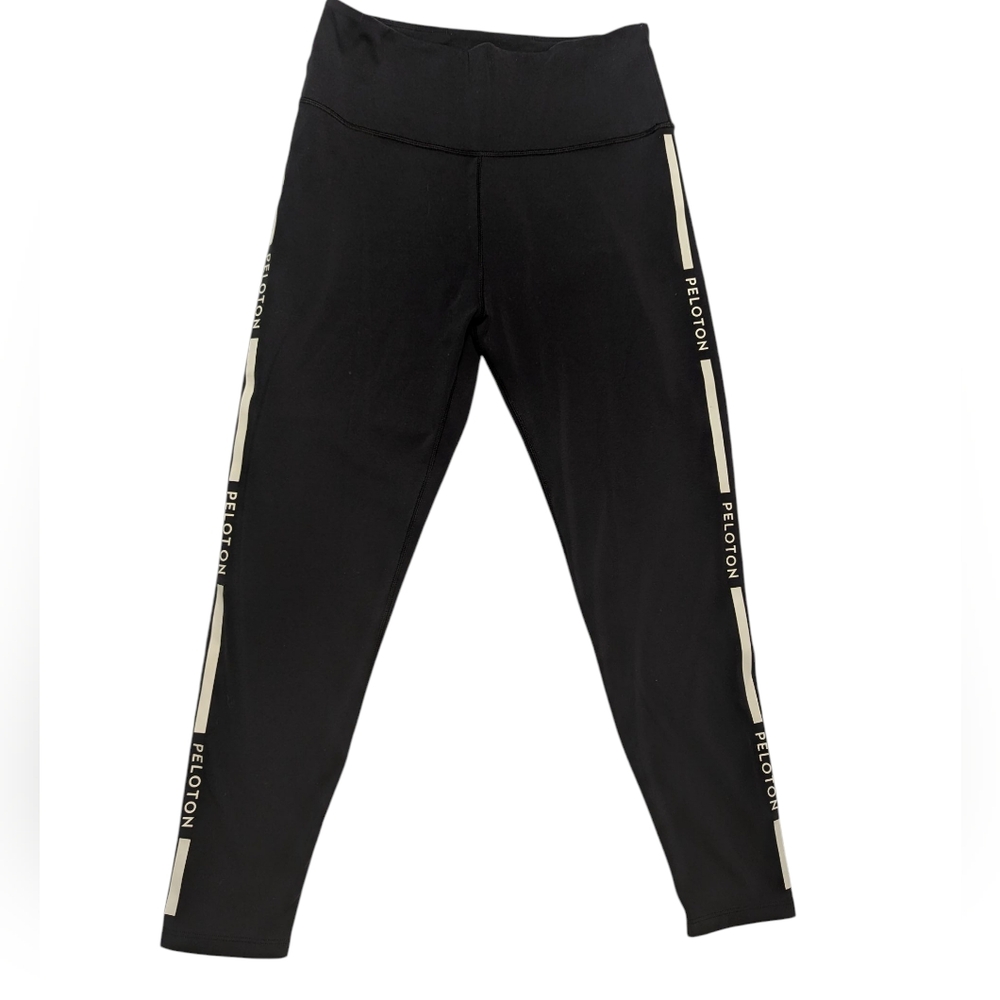 Peloton Black Leggings with White Stripe And Peleton Print Down Leg Size Large - Picture 4 of 6